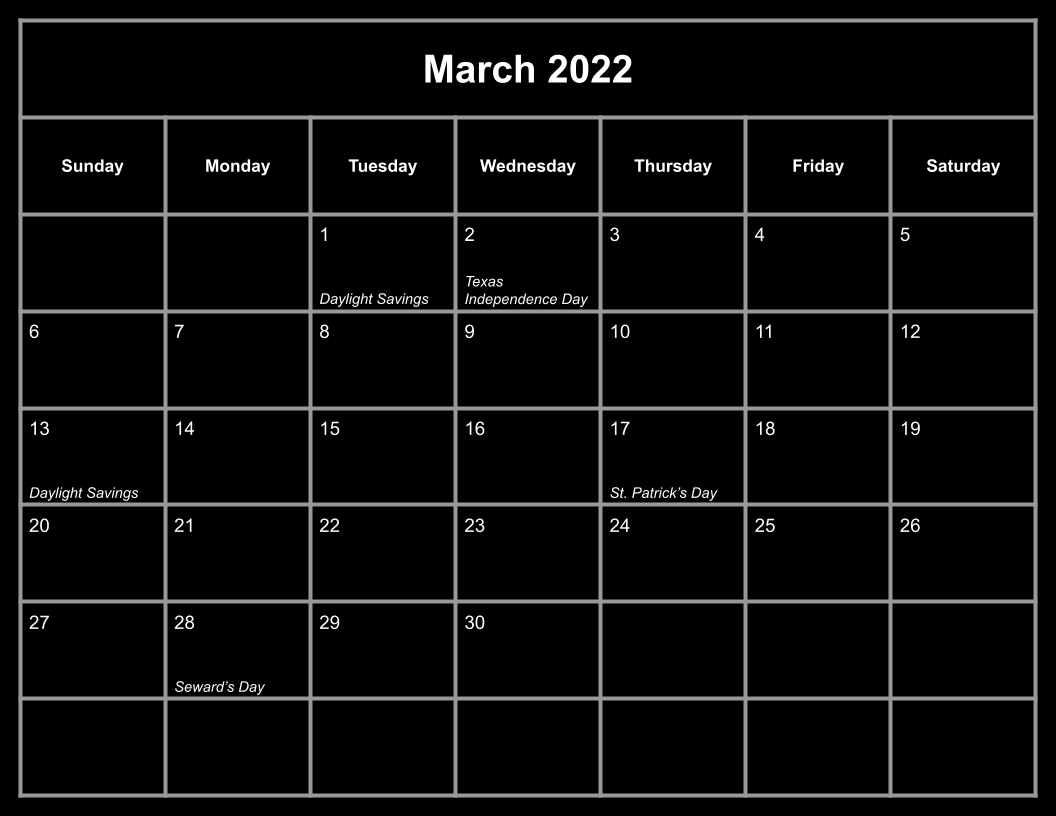 Black March 2022 Calendar With Holidays