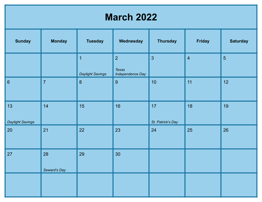 Blue March 2022 Calendar With Holidays