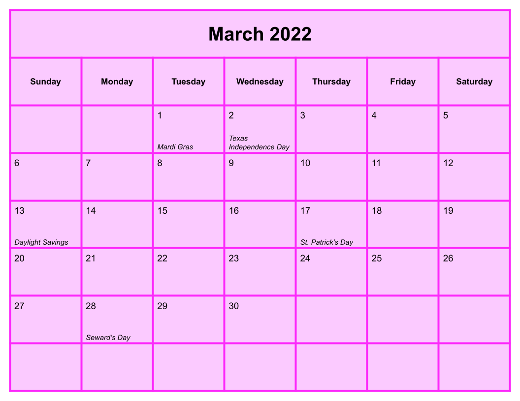 Pink March 2022 Calendar with Holidays