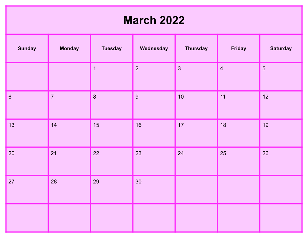 Blank Pink March 2022 Calendar