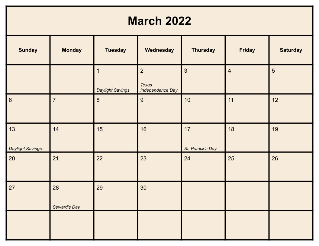 Professional March 2022 Calendar With Holidays