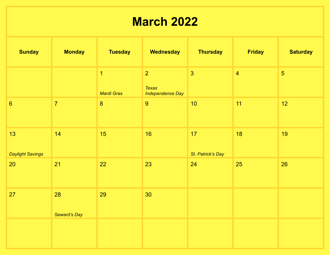 Yellow March 2022 Calendar With Holidays