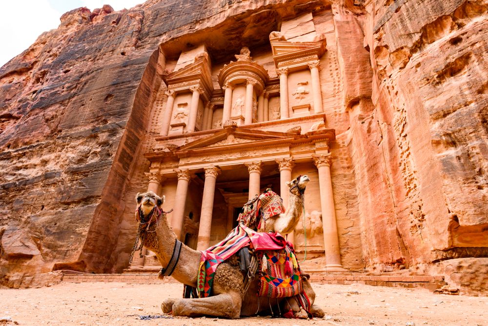 The Treasury Petra With Two Camels In Front