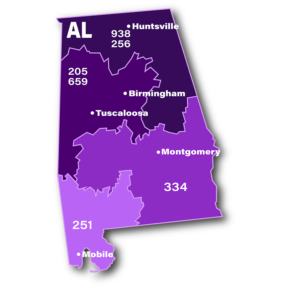 Map showing the 205 area code and others in Alabama